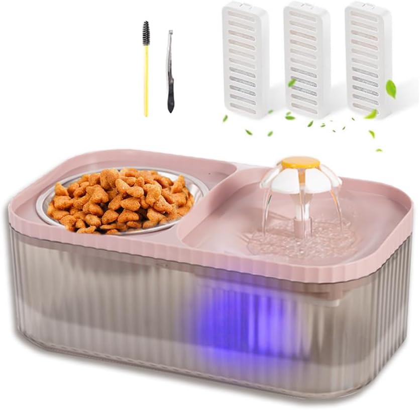 Cat Water Fountain and Stainless Steel Food Bowl, 100oz/3L Super Quiet Automatic Pet Water Dispenser with Smart Pump and 3 Replacement Filters for Cats and Small Dogs, Pink