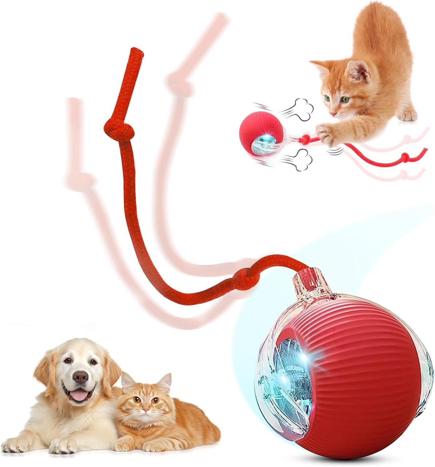 Interactive Electric Automatic Rolling Moving USB Rechargeable Self Activated Play Stimulation Toy Smart Chase Teaser Ball with Speedy Tail Rope for Bored Adult Indoor Cats and Dogs, Red