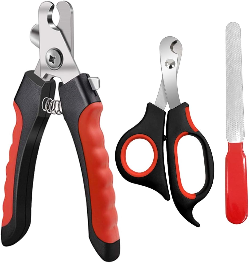 Pet Nail Clippers and Trimmers Set Safety Guard to Avoid Over Cutting Razor Sharp Blades Grooming Tool for All Small Large Dog Cat Red
