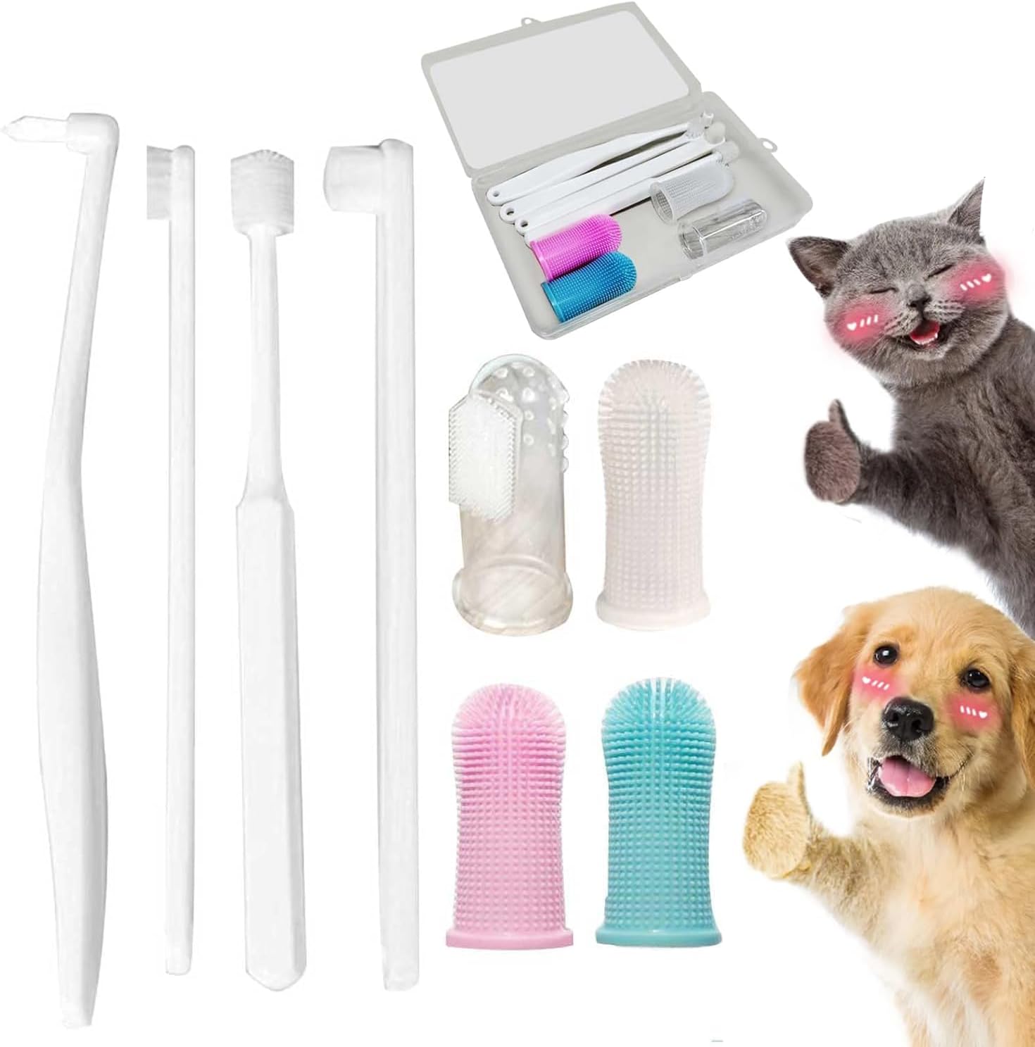 8PCS Dog and Cat Toothbrush Set - Complete Dental Care Kit for Pets, Includes Soft-Bristle, 360°, Ultra-Fine Bristle, and Silicone Finger Toothbrushes with Storage Case for Dogs and Cats
