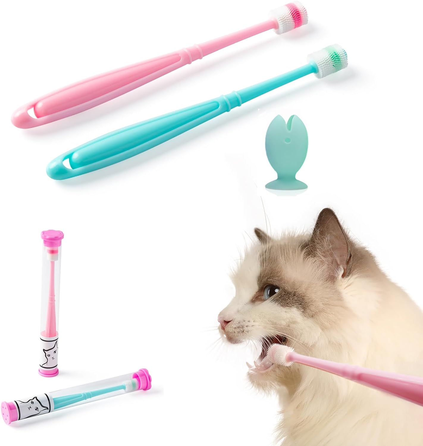 by  Small Dog & Cat Toothbrush 360 Degree Soft Silicone, Cat Dental Care, Toothbrush Holder, Easy to Handle, Independent Packaging, Extra Suction Cup, Light Blue&Light Pink 3PCS