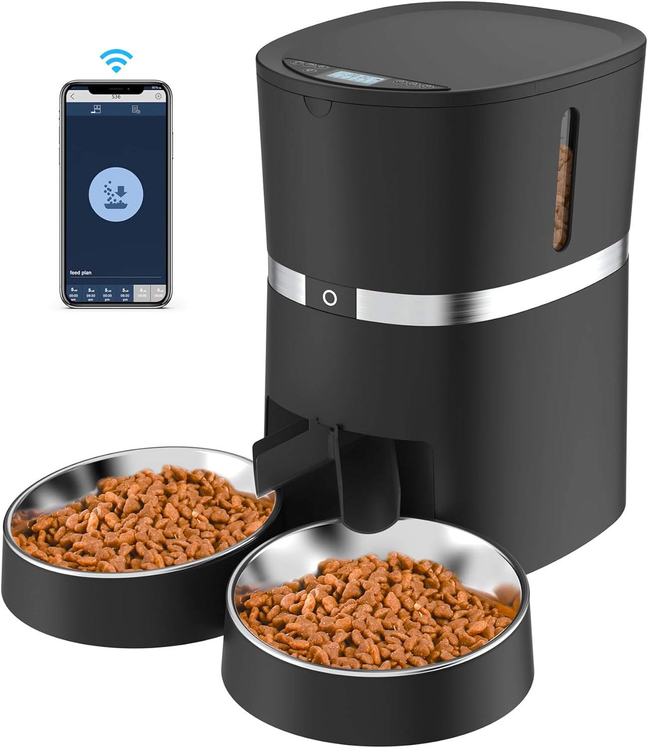 Smart Cat Feeder,  Automatic Cat Feeder WiFi Enable Pet Dog Food Dispenser App Control for Cat&Dog with Two-Way Splitter and Two Bowls, Voice Recorder Distribution Alarms, Portion Control