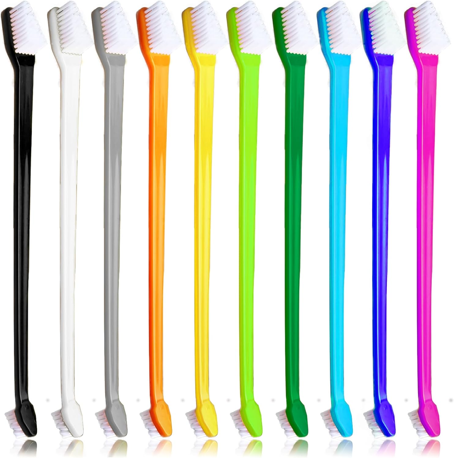 Dog Toothbrush Set of 10 - Dual Headed Tooth Brushes for Small to Large Dog, Cat, Puppy, Kitten & Most Pet, Double Sided Teeth Cleaning Bulk Kit with Soft Bristles Long Handle, 10 Colors.