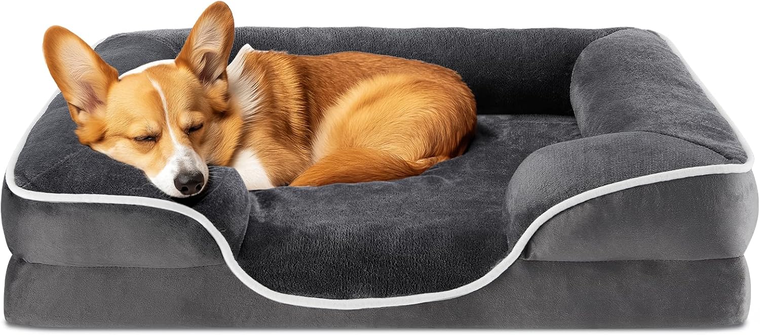 Orthopedic Dog Bed for Medium Size Dogs, Supportive Memory Foam Dog Sofa with Washable Removable Cover Non-Slip Base Waterproof Pet Couch Bed, Grey, 28" L x 23" W x 6.5" Th