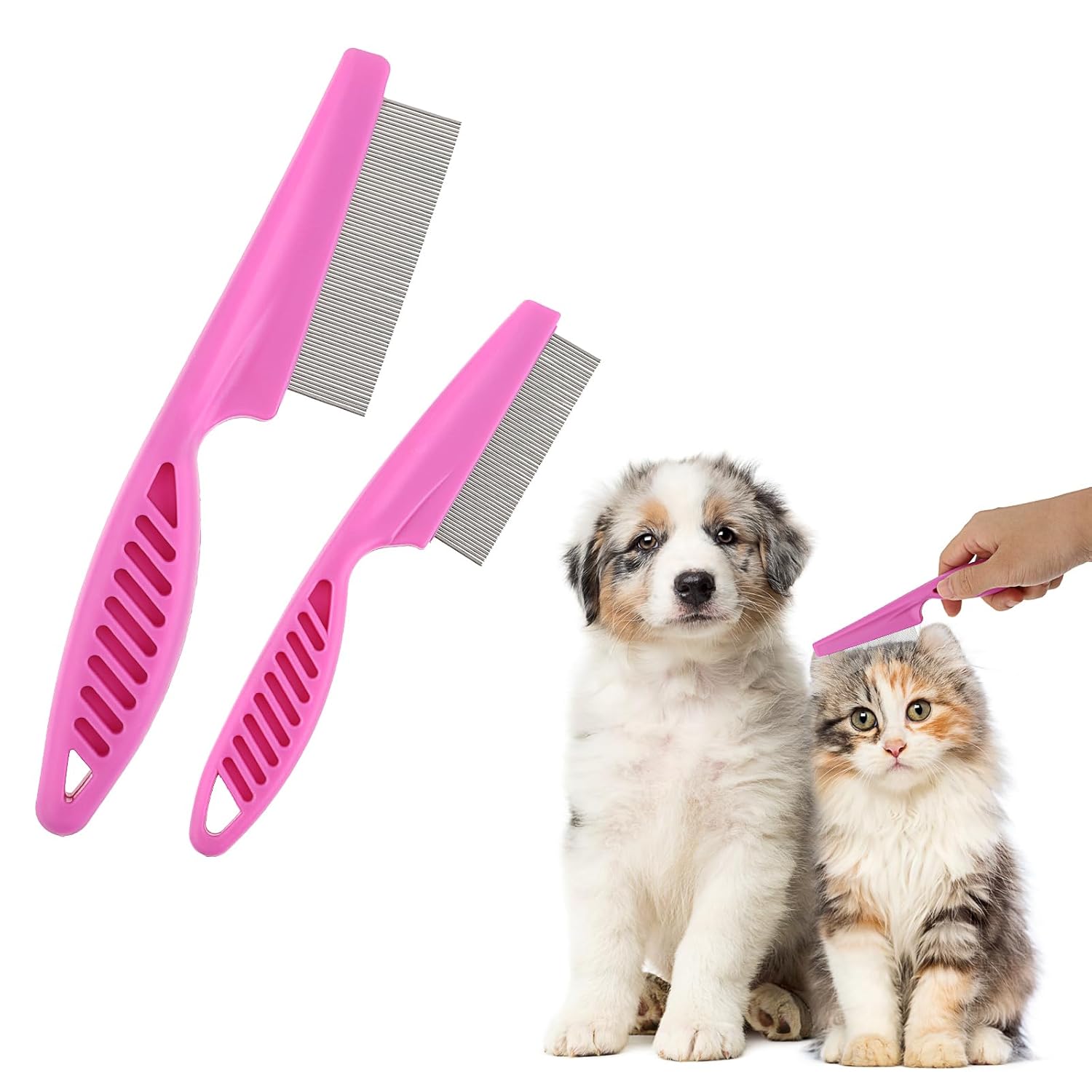 Pet Hair Comb Tear Stain Removal,2 Pack Multifunctional Pets Grooming Comb Kit 2 in 1 Dog Combs Stainless Grooming Massage Dual-Sided Comb for Knots Crust Floating Hair Tangle Fleas(Pink)