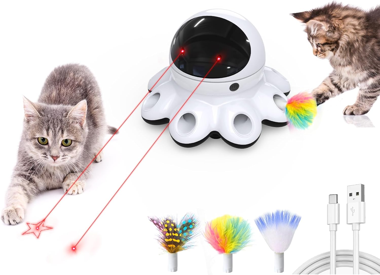 Cat Laser Toy, 2-in-1 Interactive Automatic Motion Activated Moving 8 Holes Whack A Mole Feather, USB Rechargeable Electronic Smart Sensor Kitten Toys for Indoor Exercise
