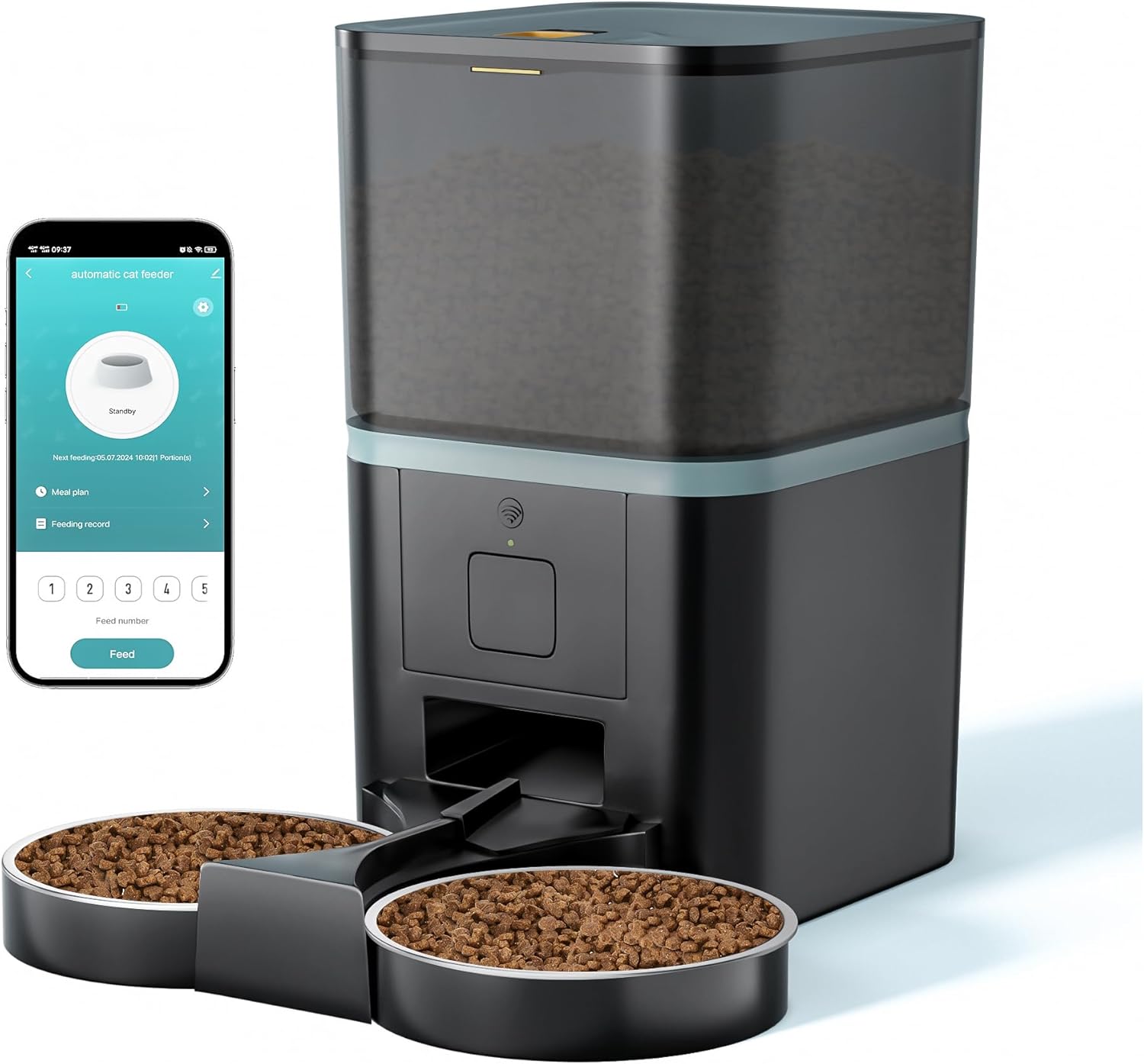 Automatic Cat Feeders 2 Cat, 6 L Pet Feeder Automatic 2.4G WiFi App Control, Dual Power Supply 10s Voice Recording Pet Auto Feeder with Stainless Steel Bowl Timed 10 Meals Per Day Dry Food