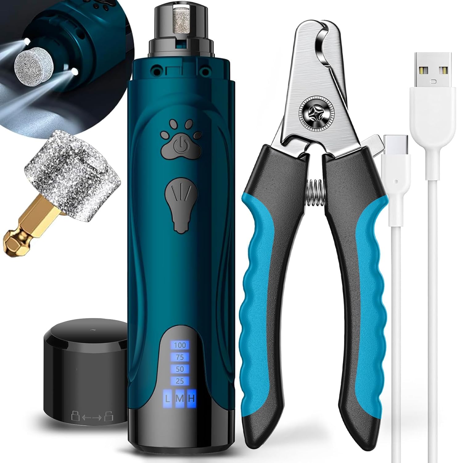 Dog Nail Trimmers and Dog Nail Clippers Kit, Whisper Quiet Electric Grinder with Light, Rechargeable, for Small, Medium, Large Dogs, Cats Toenail & Claw Grooming, 3 Speeds